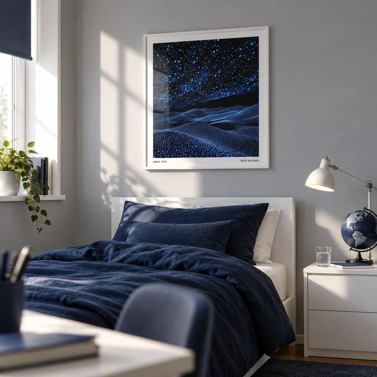 Navy Blue Artwork, framed on the wall of a teen boy's bedroom (13-17) with a pale grey wall