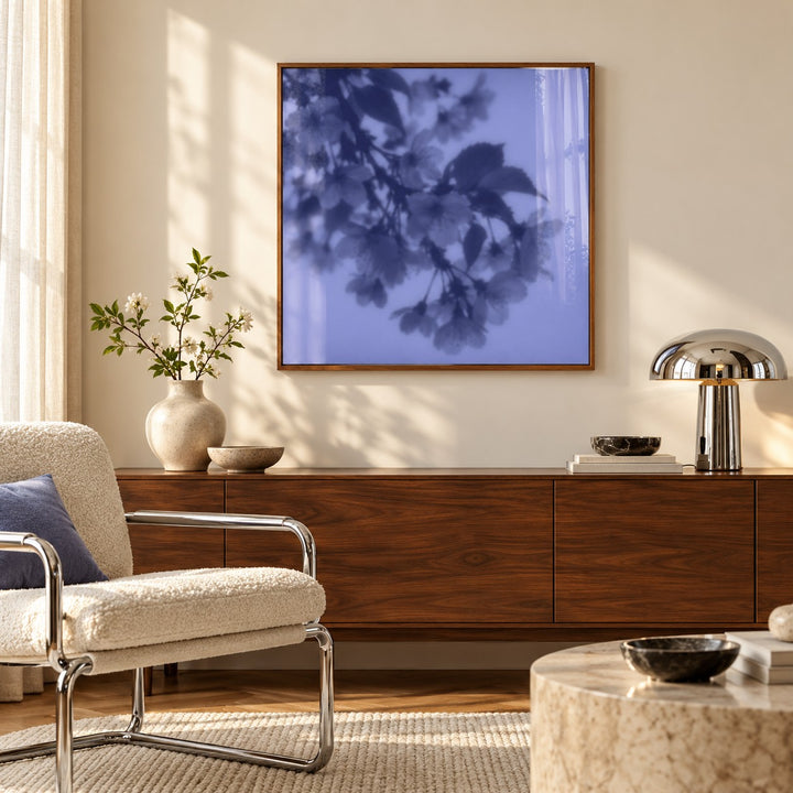 Navy Cherry Blossom Print styled above a sideboard (frame not included)