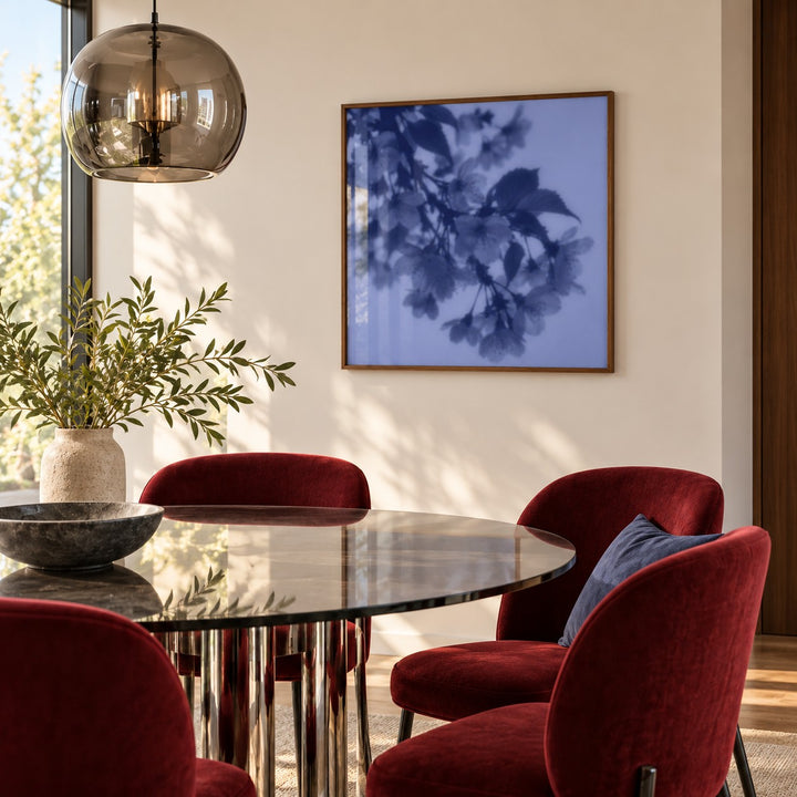 Navy Cherry Blossom Print styled in a dining room (frame not included)