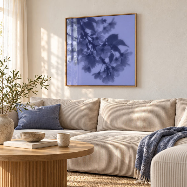 Navy Cherry Blossom Print styled in a living room (frame not included)