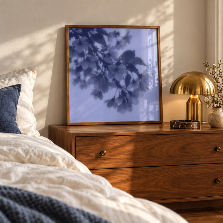 Navy Cherry Blossom Print styled in a bedroom (frame not included)