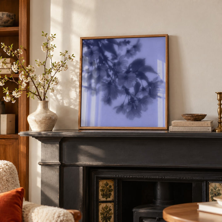 Navy Cherry Blossom Print styled on a mantelpiece (frame not included)