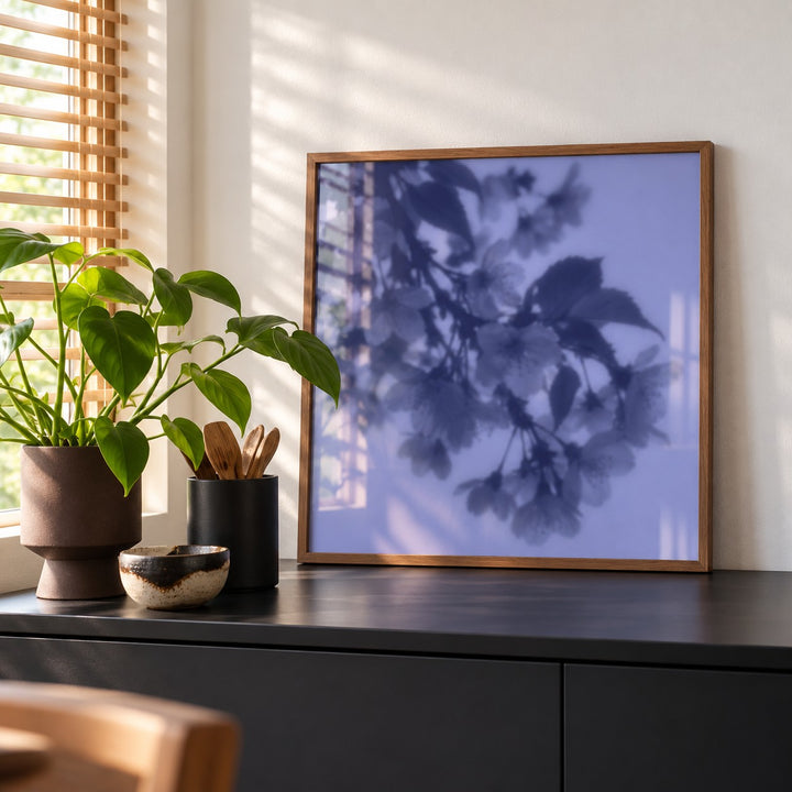 Navy Cherry Blossom Print styled on a black sideboard (frame not included)