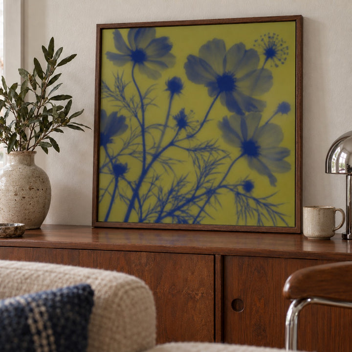 Navy Cosmos Print shown close up on a sideboard (frame not included)