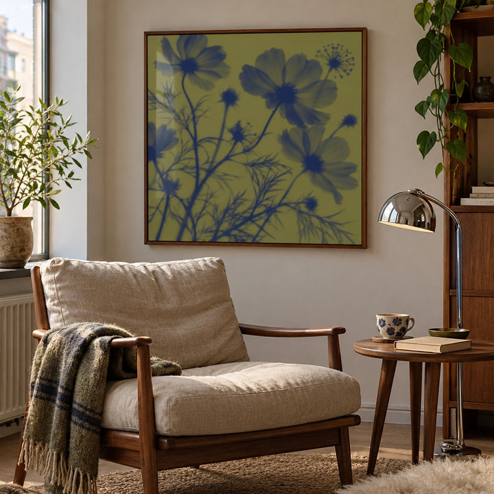 Navy Cosmos Print styled in a reading corner (frame not included)