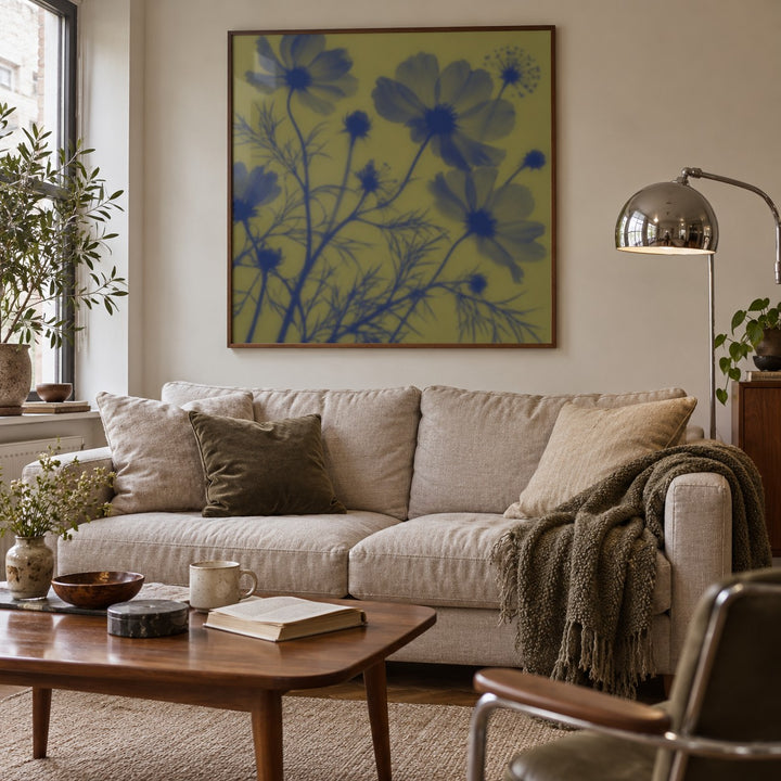 Navy Cosmos Print styled in a living room (frame not included)