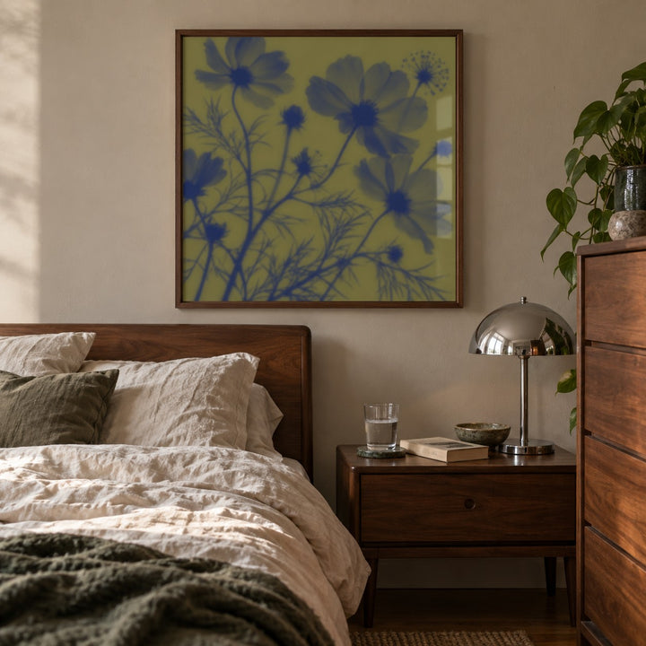 Navy Cosmos Print styled in a bedroom (frame not included)