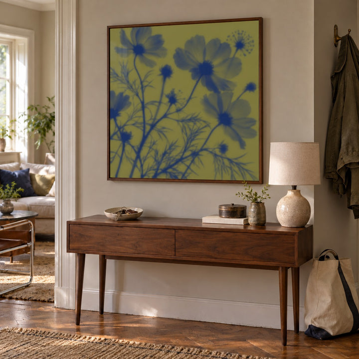 Navy Cosmos Print styled in a hallway (frame not included)
