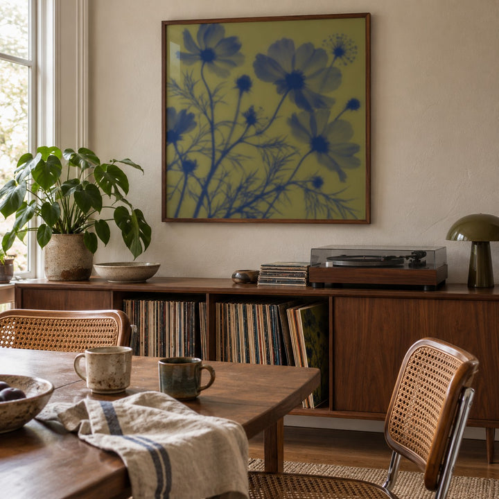 Navy Cosmos Print styled in a dining room (frame not included)
