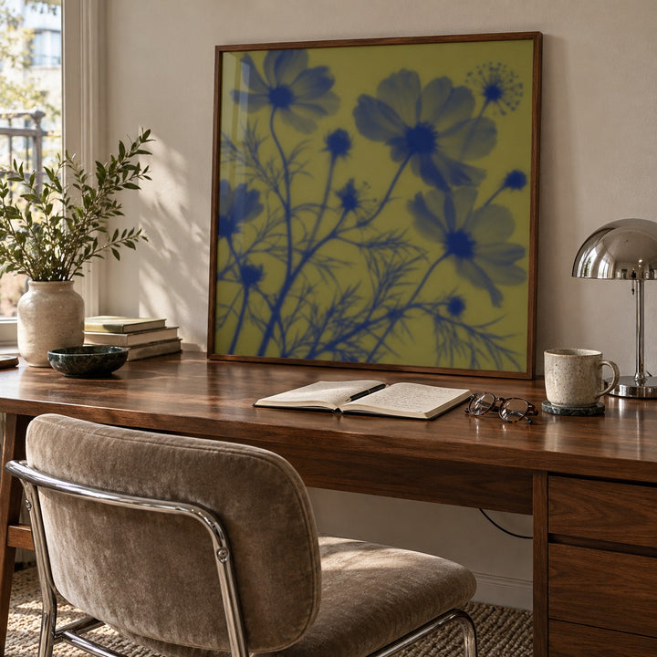 Navy Cosmos Print styled in a home office (frame not included)