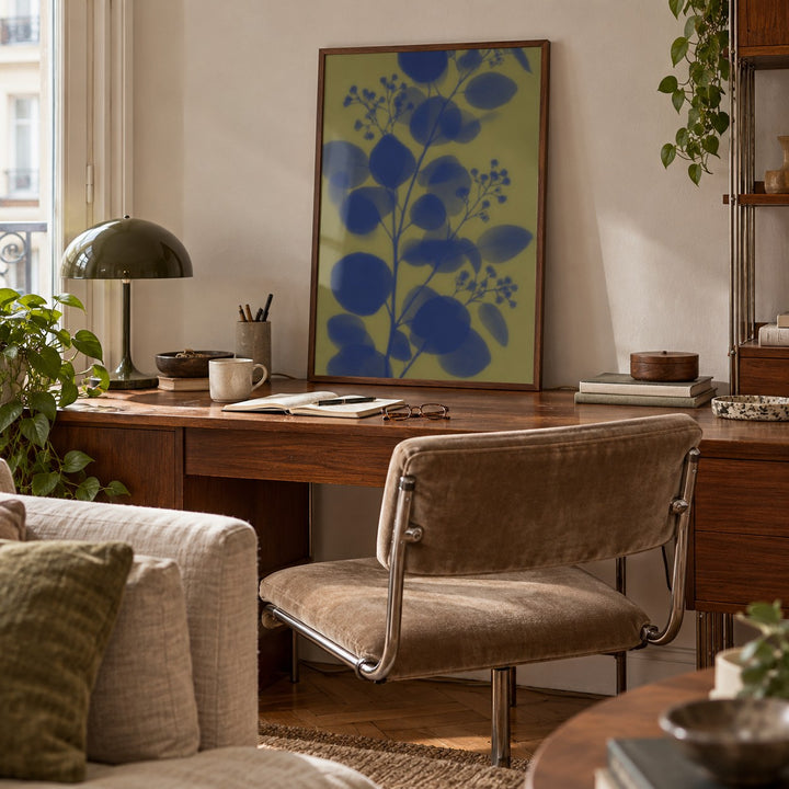 Navy Eucalyptus Print styled in a home office (frame not included)