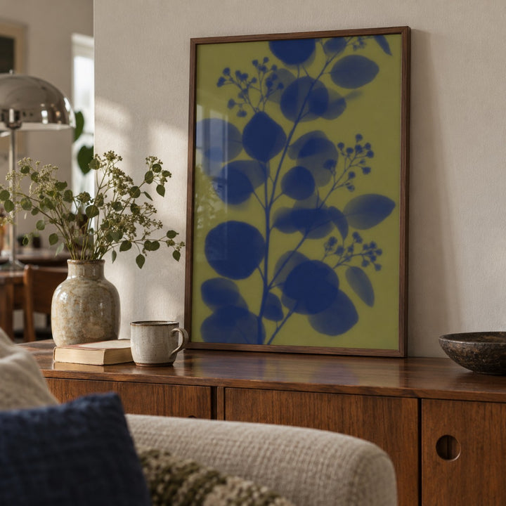 Navy Eucalyptus Print shown close up on a sideboard (frame not included)