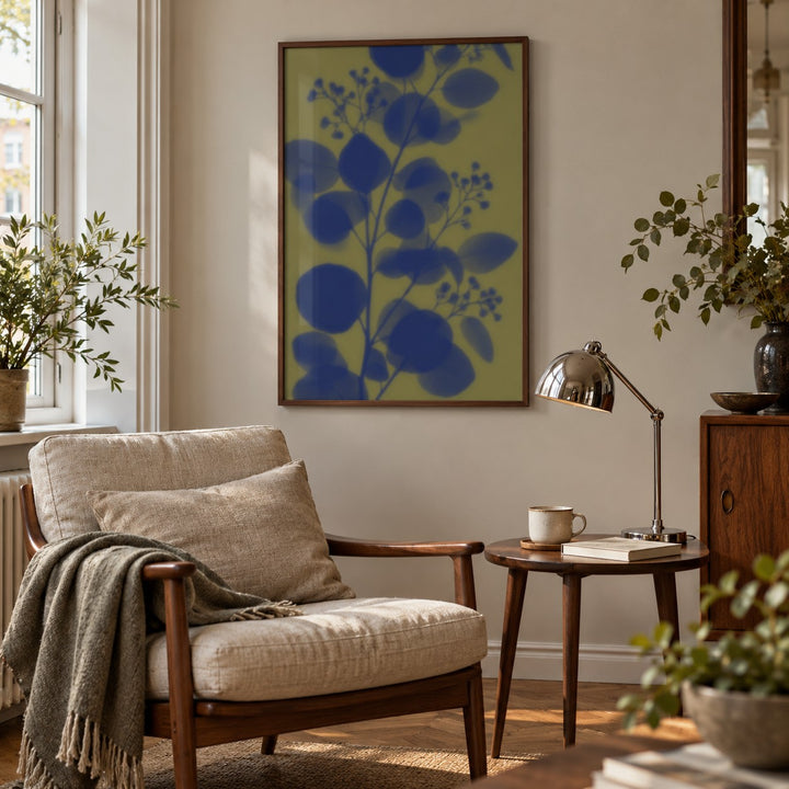 Navy Eucalyptus Print styled in a reading corner (frame not included)