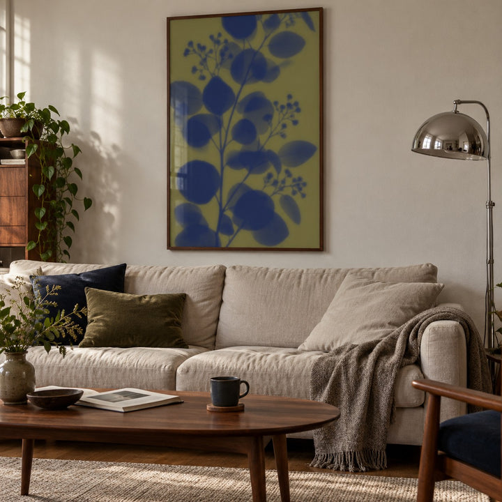 Navy Eucalyptus Print styled in a living room (frame not included)