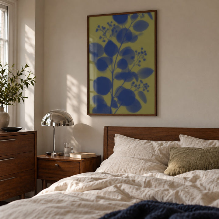 Navy Eucalyptus Print styled in a bedroom (frame not included)