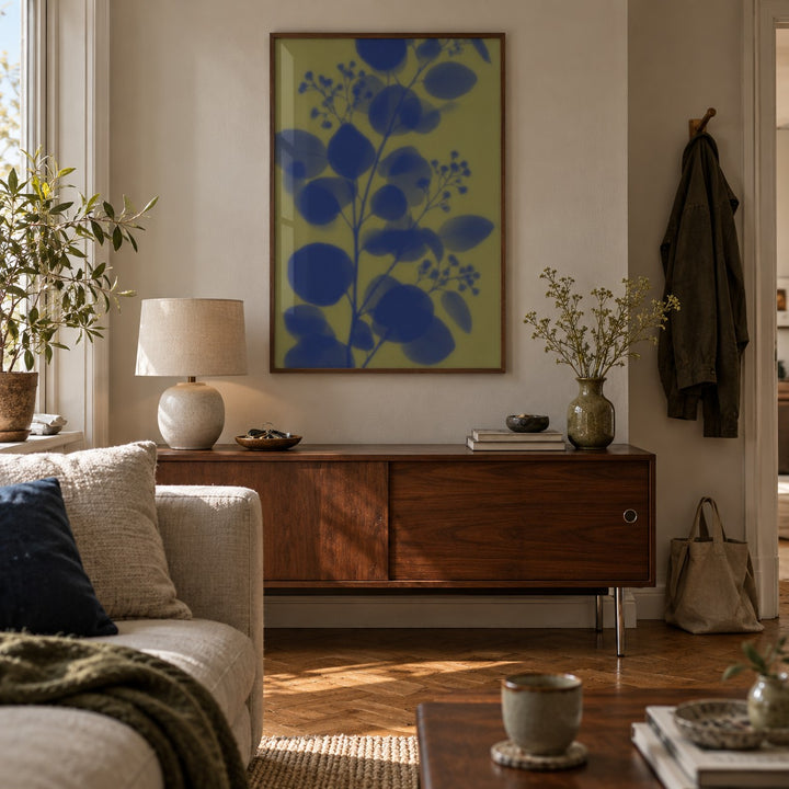 Navy Eucalyptus Print styled in a hallway (frame not included)
