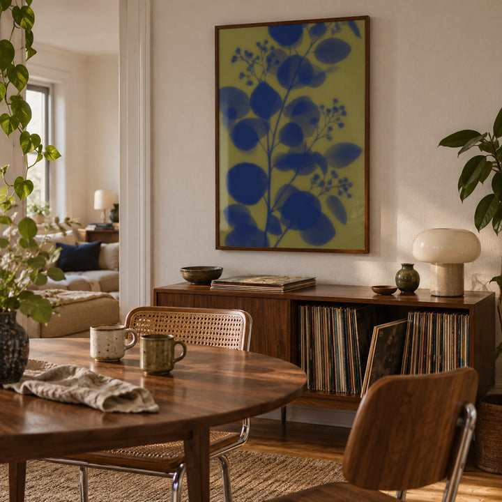 Navy Eucalyptus Print styled in a dining room (frame not included)