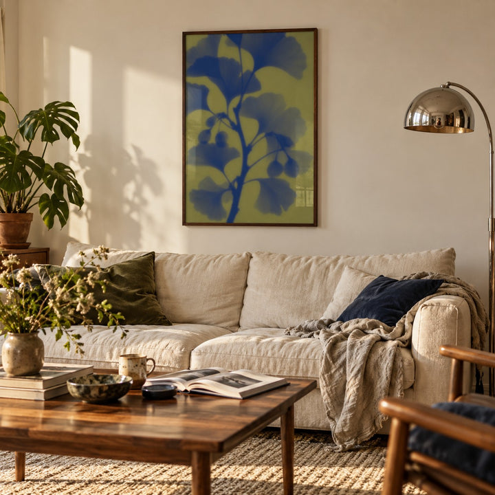 Navy Ginkgo Print styled in a living room (frame not included)