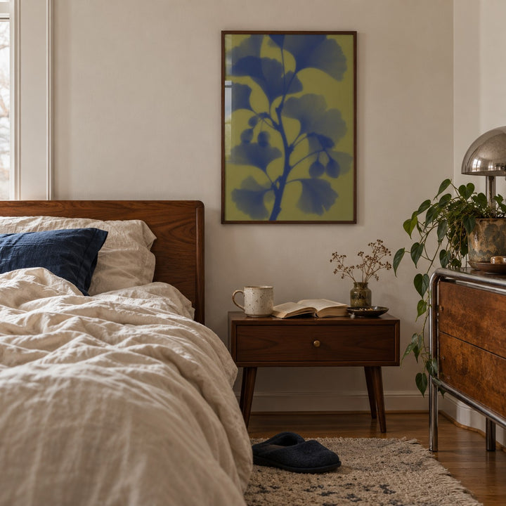 Navy Ginkgo Print styled in a bedroom (frame not included)