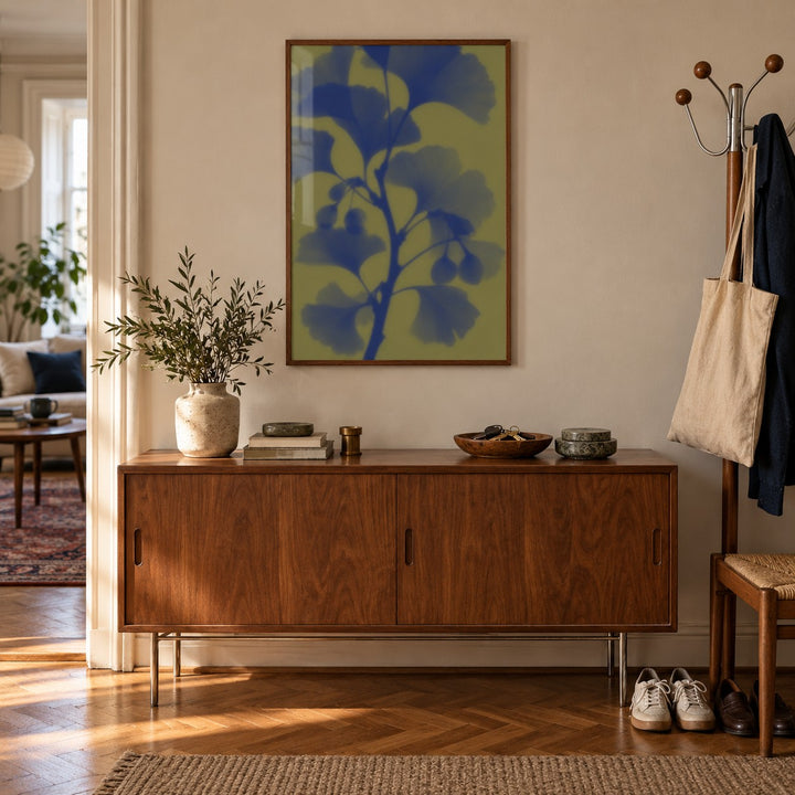 Navy Ginkgo Print styled in a hallway (frame not included)