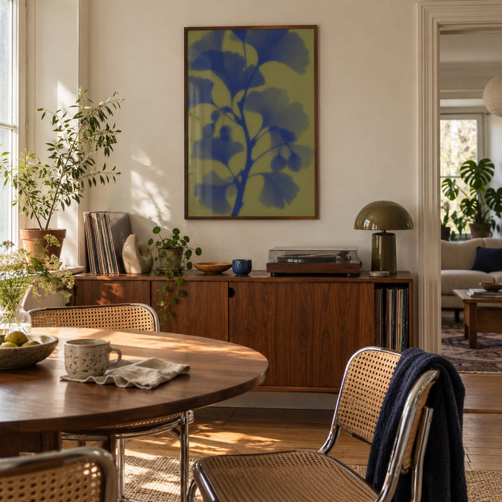 Navy Ginkgo Print styled in a dining room (frame not included)