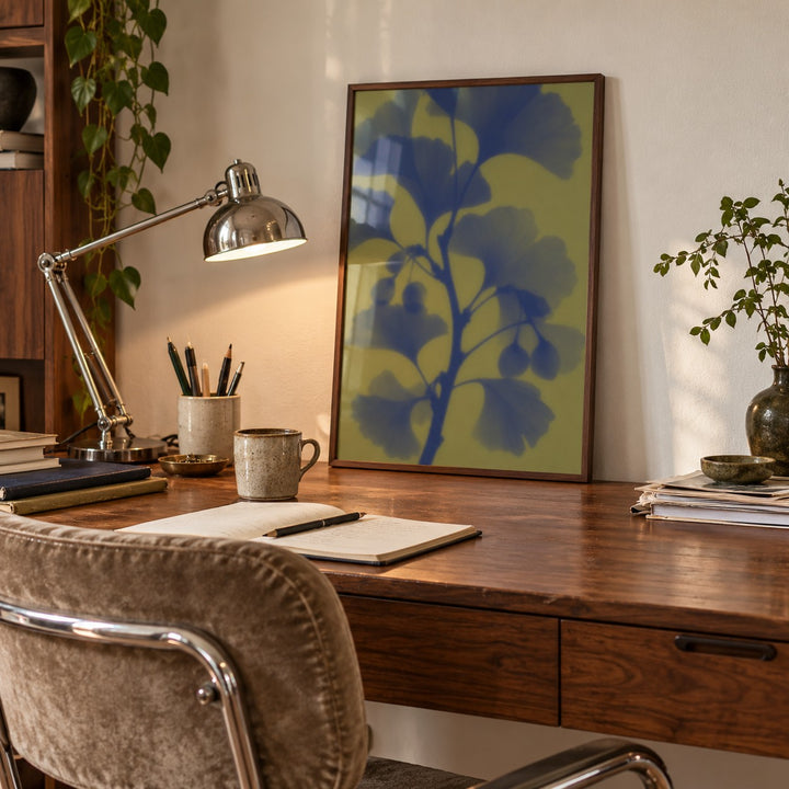 Navy Ginkgo Print styled in a home office (frame not included)