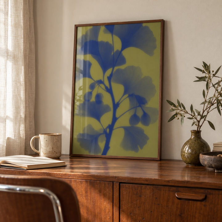Navy Ginkgo Print shown close up on a sideboard (frame not included)