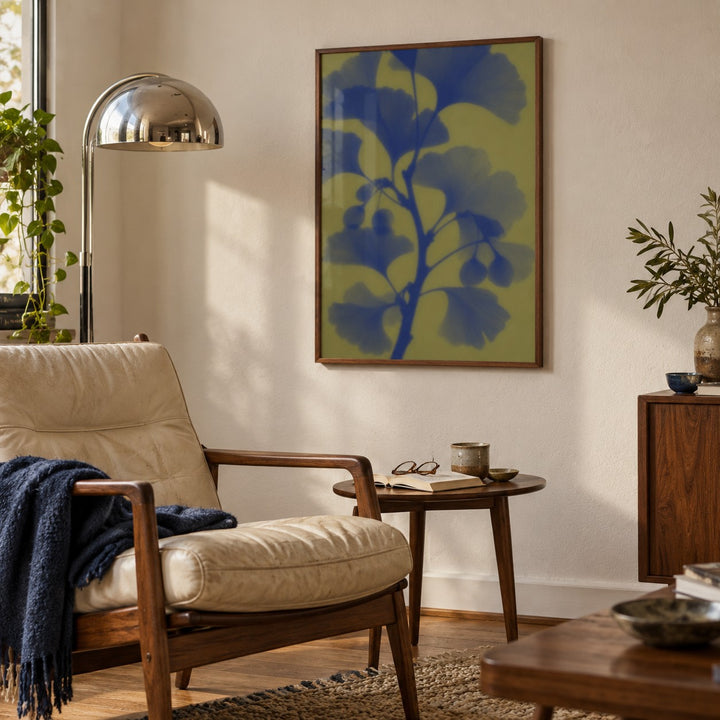 Navy Ginkgo Print styled in a reading corner (frame not included)