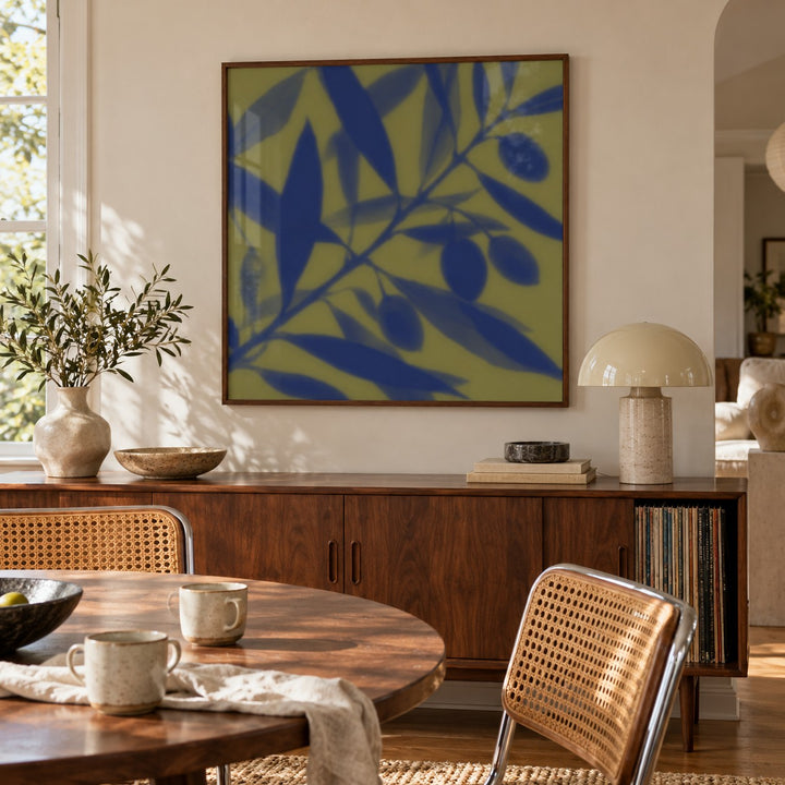 Navy Olive Branch Print styled in a dining room (frame not included)