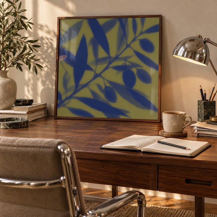 Navy Olive Branch Print styled in a home office (frame not included)