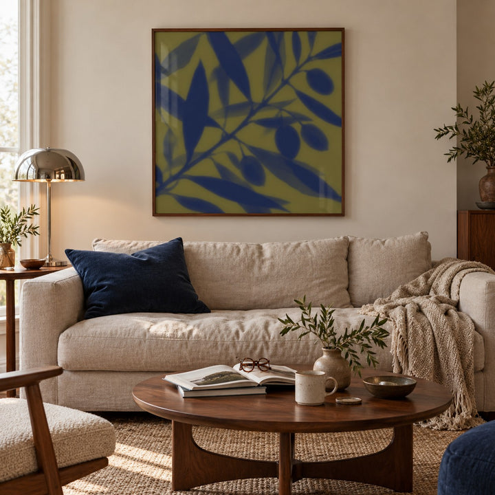 Navy Olive Branch Print styled in a living room (frame not included)