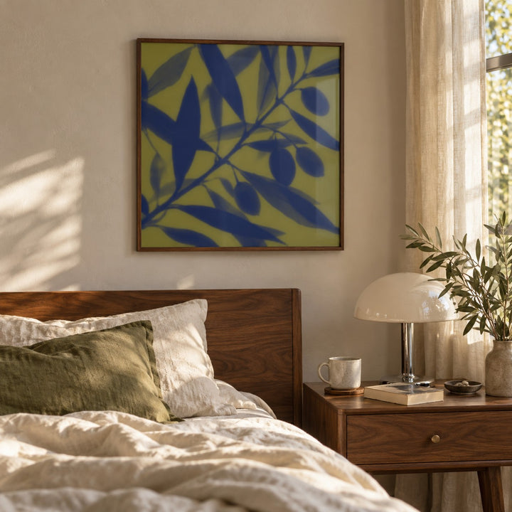 Navy Olive Branch Print styled in a bedroom (frame not included)