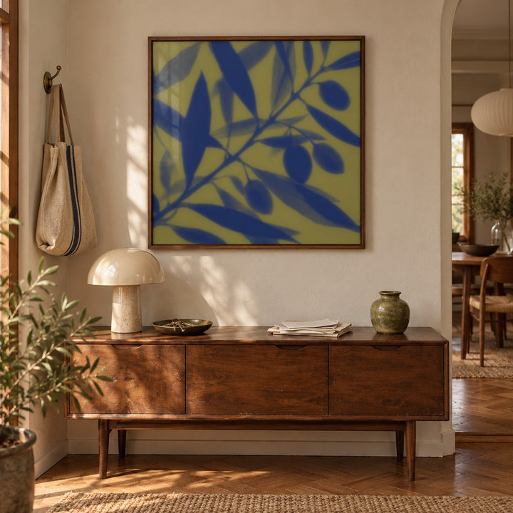 Navy Olive Branch Print styled in a hallway (frame not included)