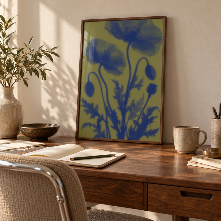 Navy Poppy Print styled in a home office (frame not included)