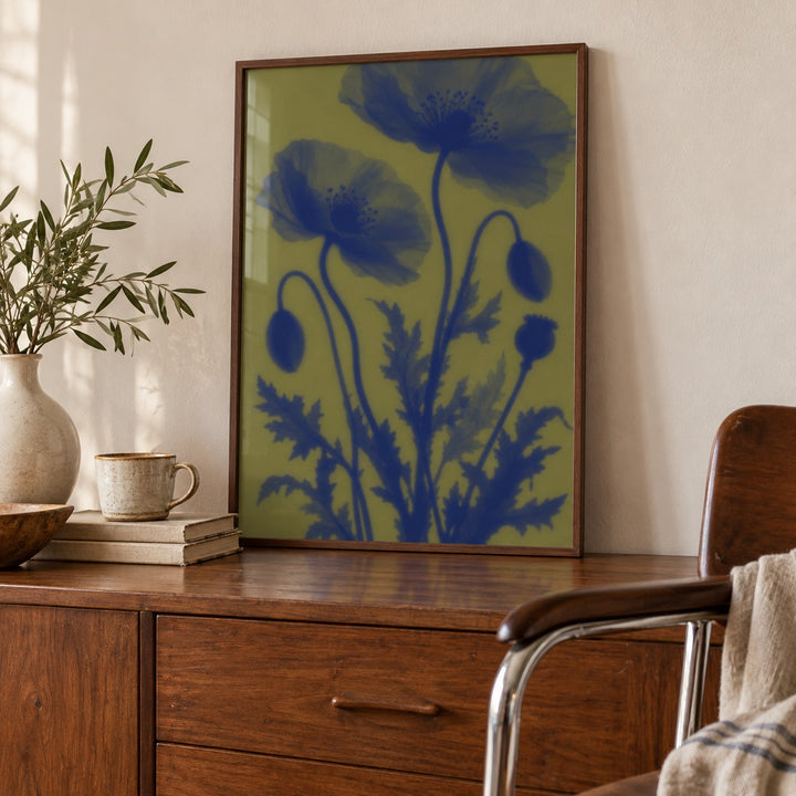 Navy Poppy Print shown close up on a sideboard (frame not included)