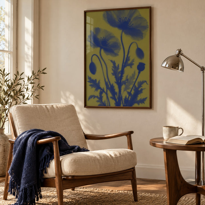 Navy Poppy Print styled in a reading corner (frame not included)