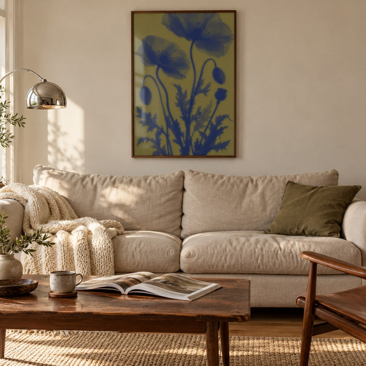 Navy Poppy Print styled in a living room (frame not included)