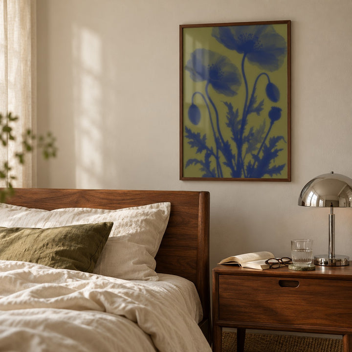 Navy Poppy Print styled in a bedroom (frame not included)