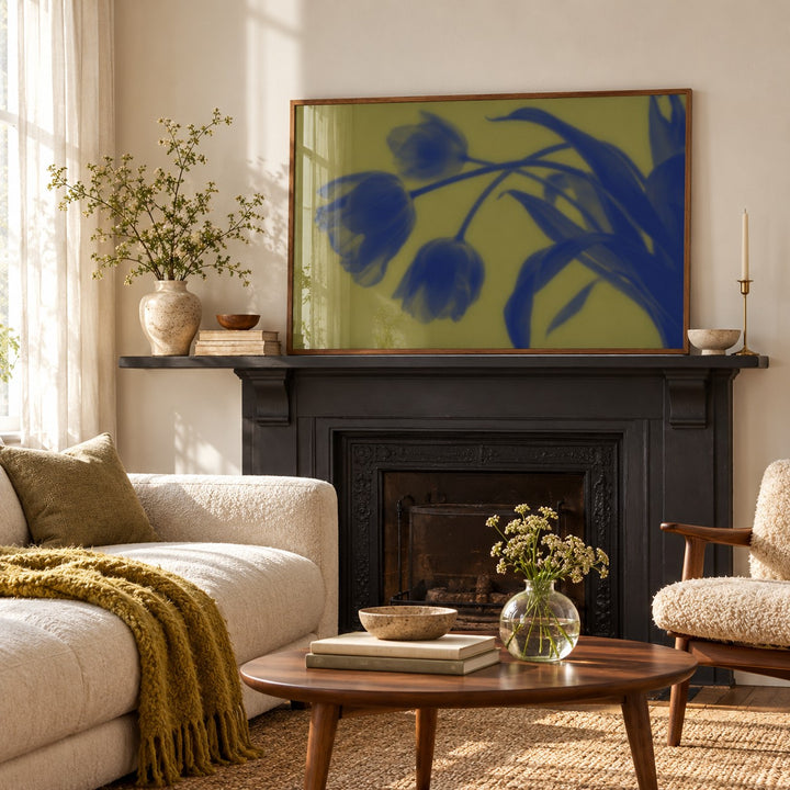 Navy Tulip Print styled on a mantelpiece (frame not included)