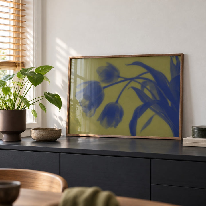 Navy Tulip Print styled on a black sideboard (frame not included)