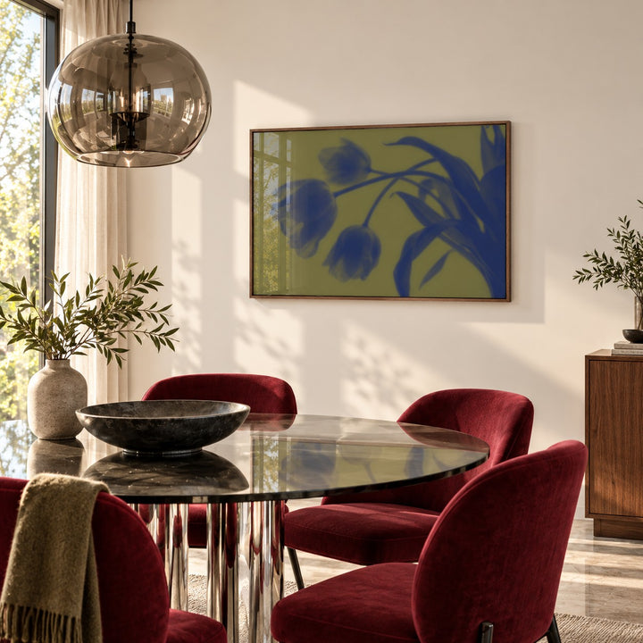 Navy Tulip Print styled in a dining room (frame not included)