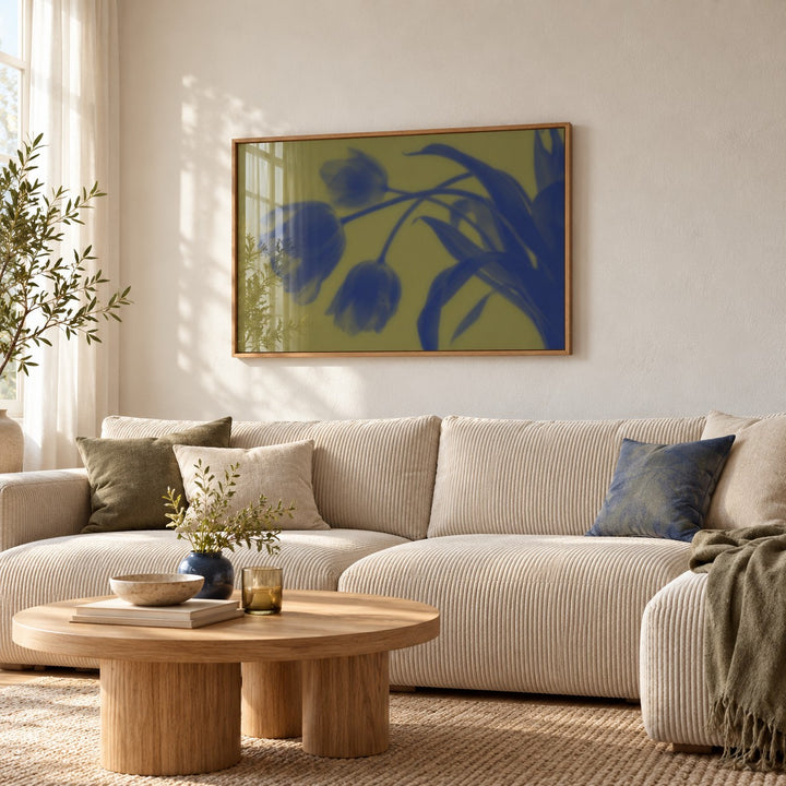 Navy Tulip Print styled in a living room (frame not included)