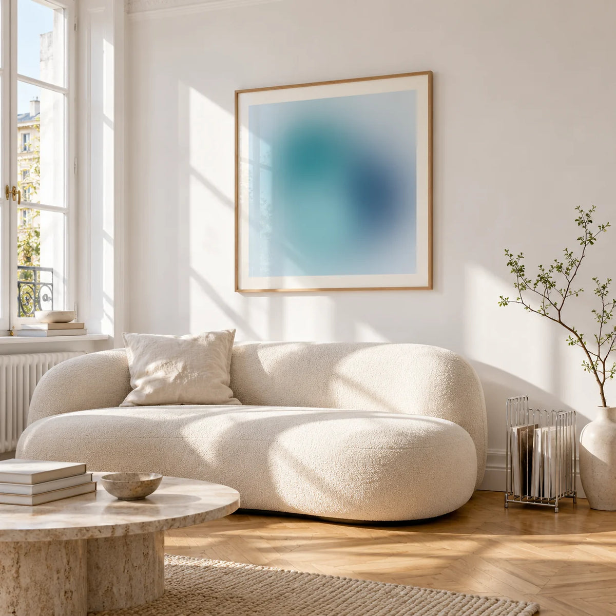 Navy Wall Art, framed on the wall of a bright living room corner