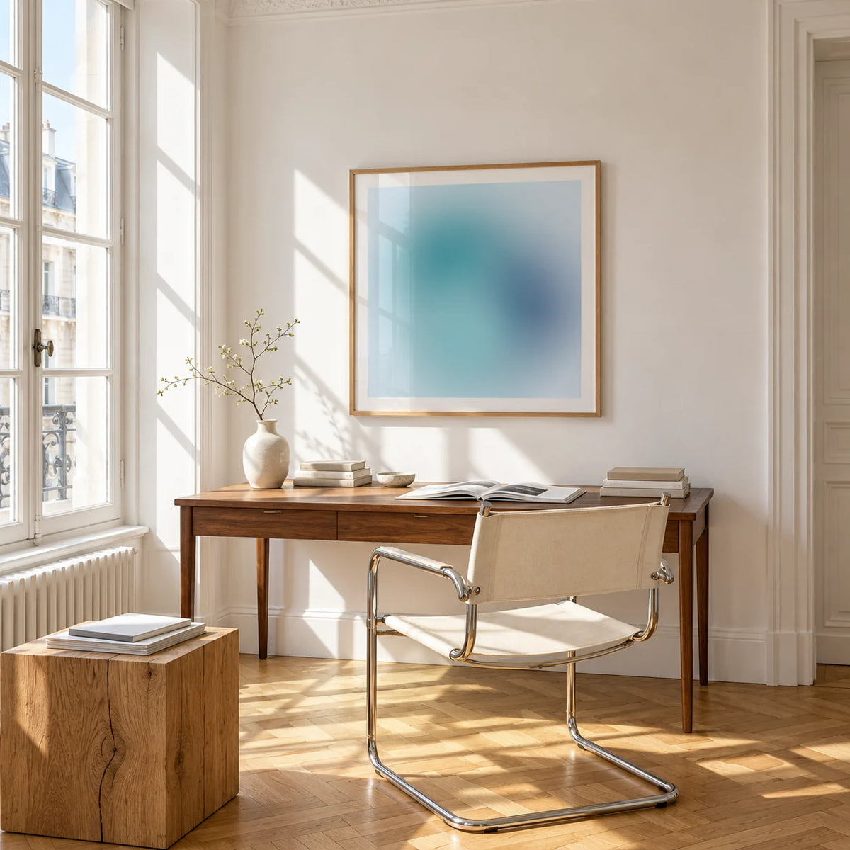 Navy Wall Art, framed on the wall of a bright study corner with a tall white paned window