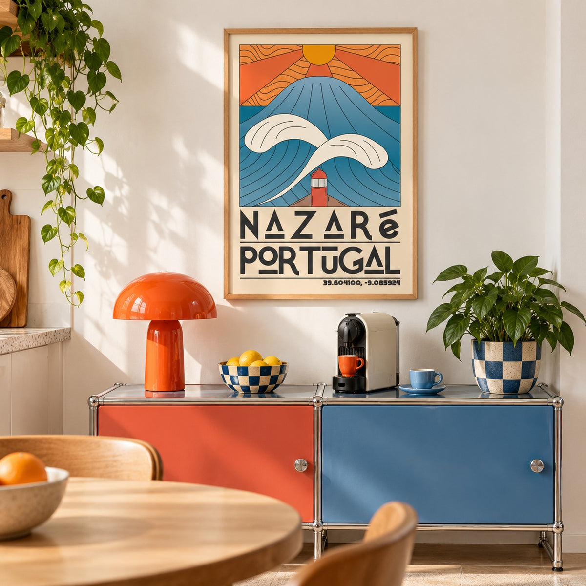 Nazare Portugal Art Print shown in a kitchen above a coffee station (frame not included)