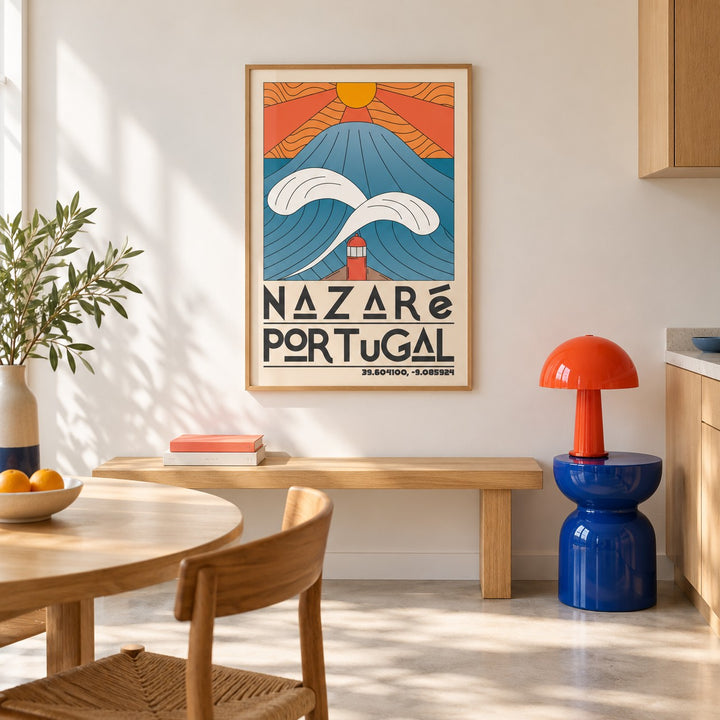 Nazare Portugal Art Print shown in a colourful minimalist room (frame not included)
