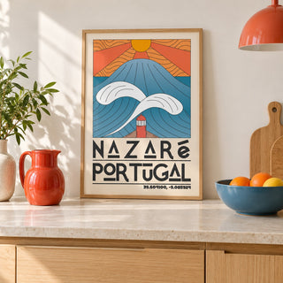 Nazare Portugal Art Print shown in a kitchen, leaning on the counter (frame not included)