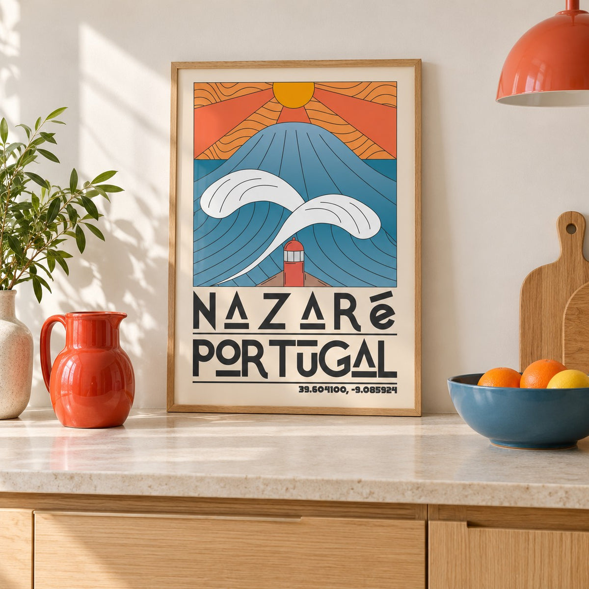 Nazare Portugal Art Print shown in a kitchen, leaning on the counter (frame not included)
