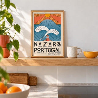 Nazare Portugal Art Print shown in the small A4 size on a kitchen shelf (frame not included)
