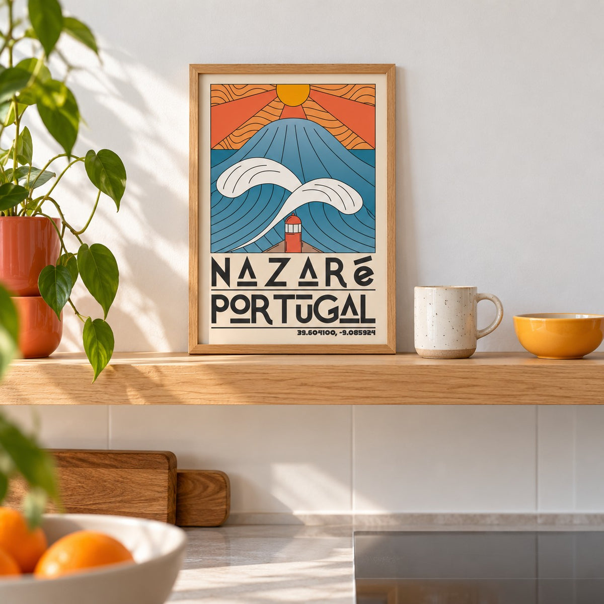 Nazare Portugal Art Print shown in the small A4 size on a kitchen shelf (frame not included)